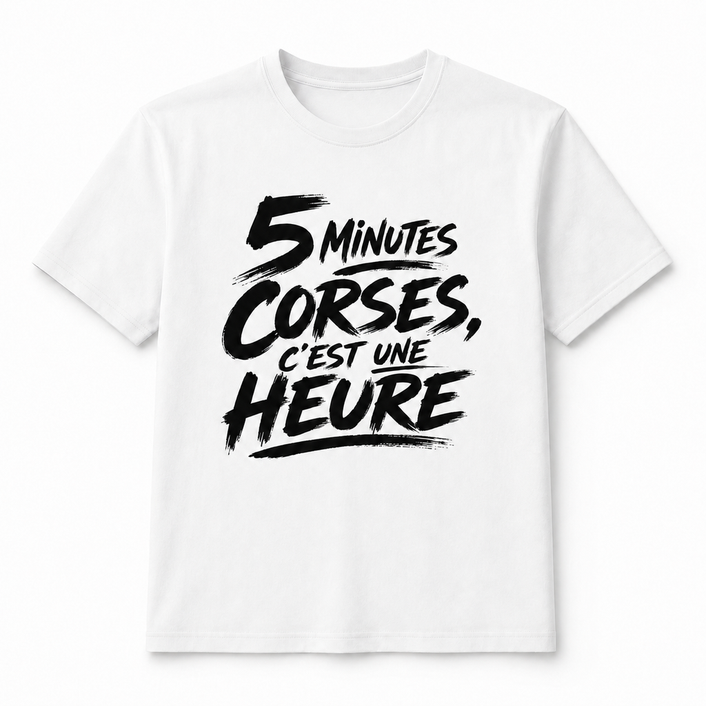 T-shirt Signature Blanc — 5 Minutes Corses, C’est une Heure