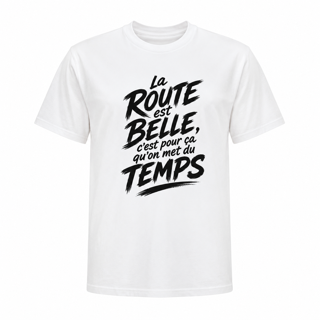 T-shirt Signature Blanc – La route est belle, c’est pour ça qu’on met du temps