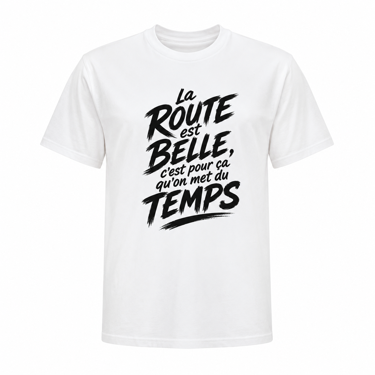 T-shirt Signature Blanc – La route est belle, c’est pour ça qu’on met du temps