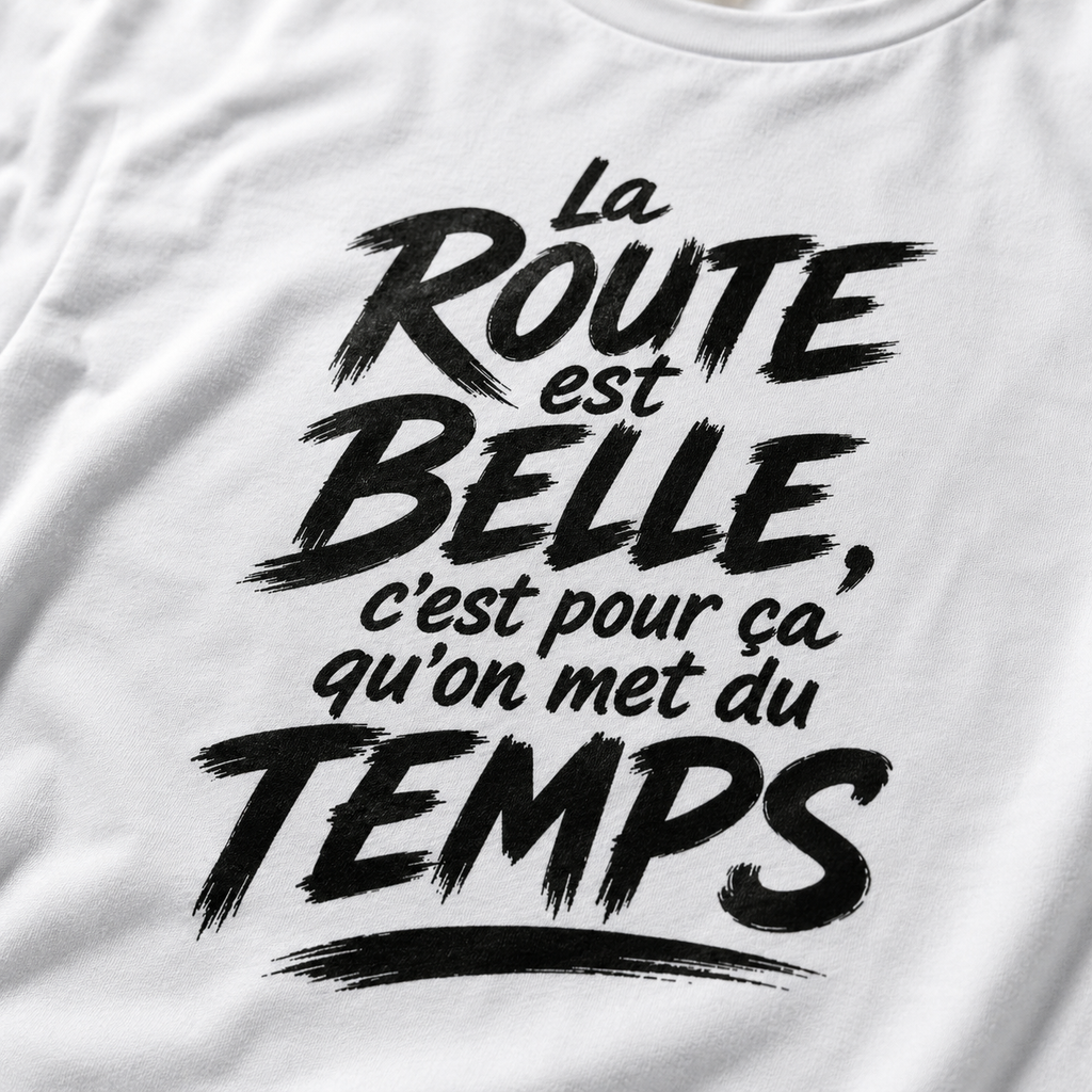 T-shirt Signature Blanc – La route est belle, c’est pour ça qu’on met du temps