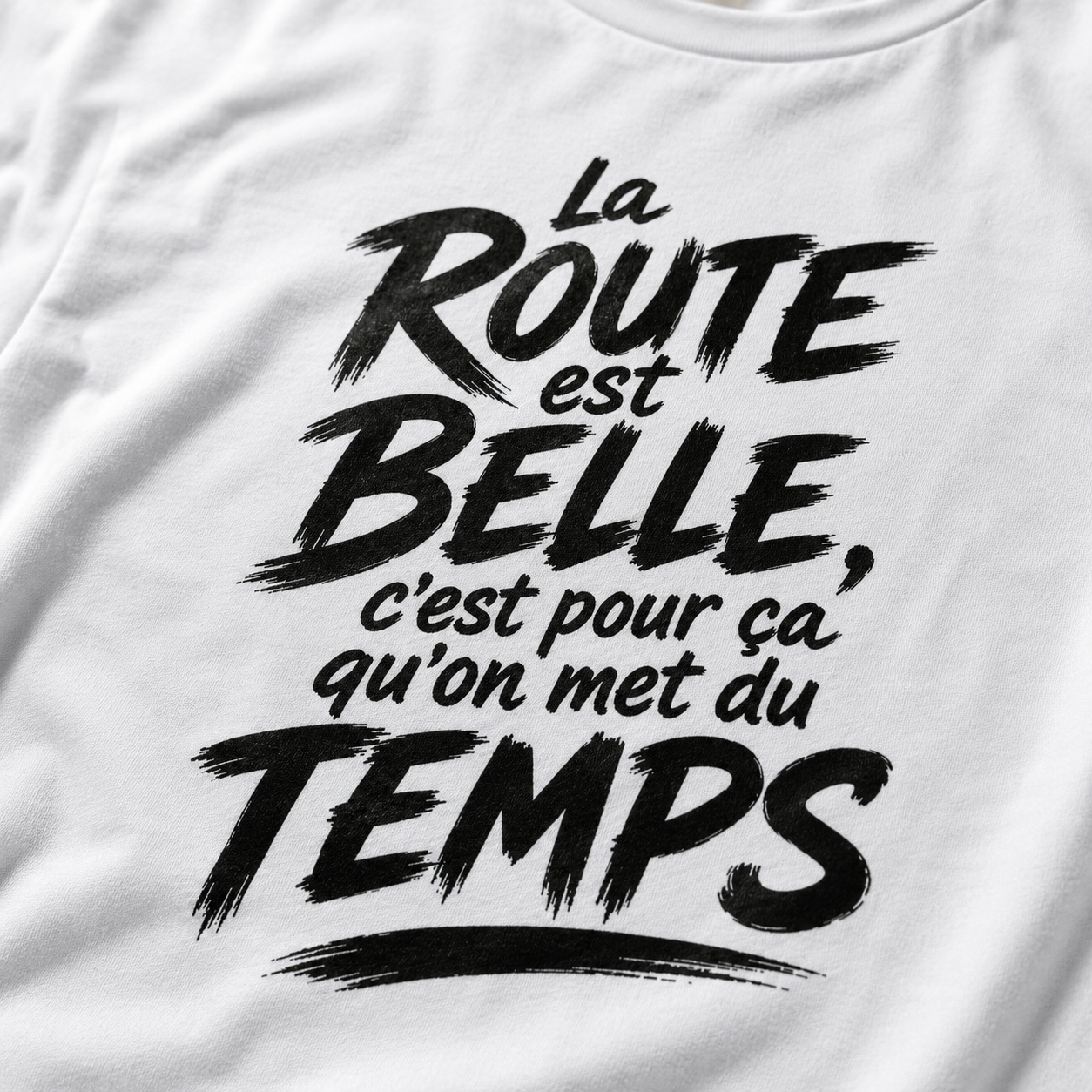 T-shirt Signature Blanc – La route est belle, c’est pour ça qu’on met du temps