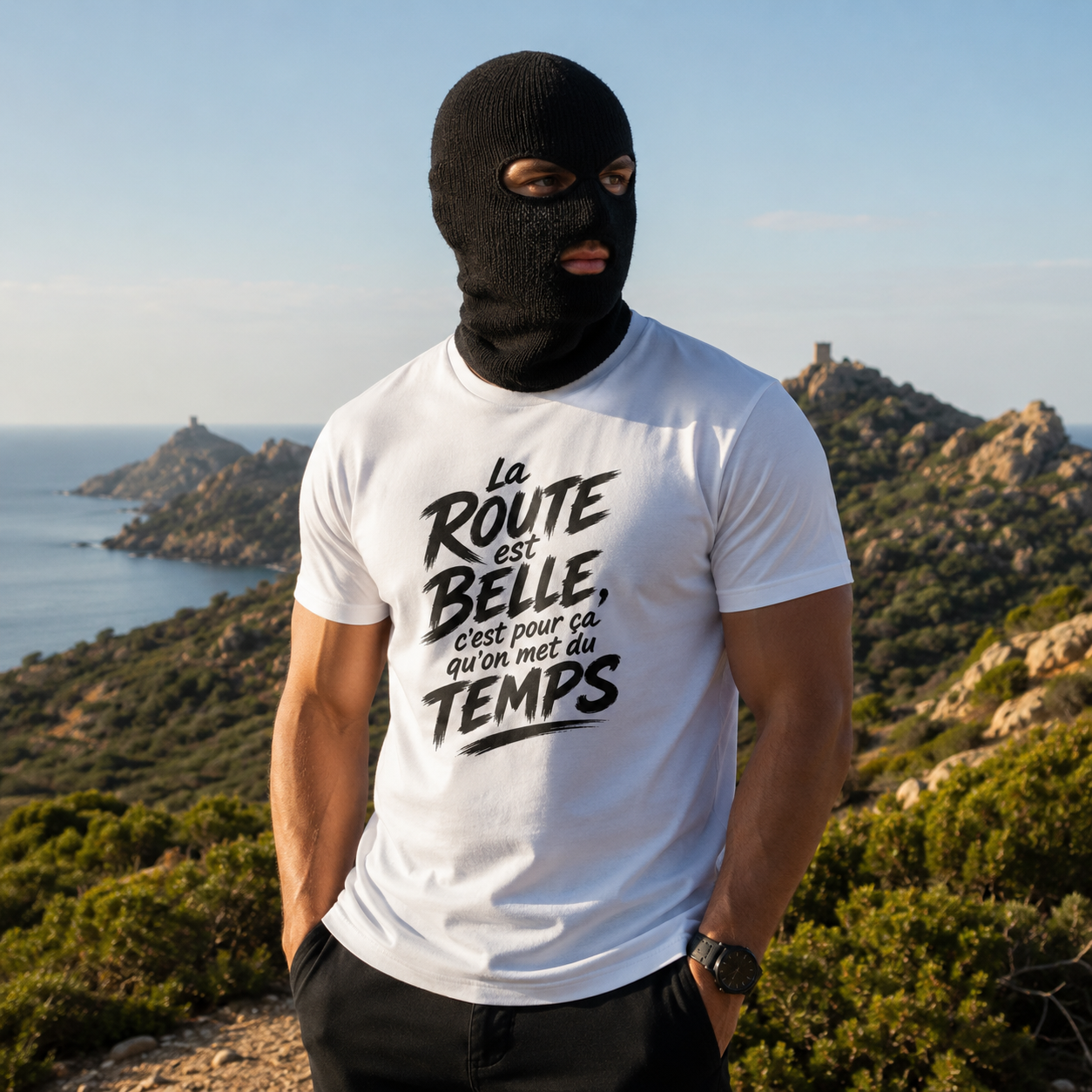 T-shirt Signature Blanc – La route est belle, c’est pour ça qu’on met du temps