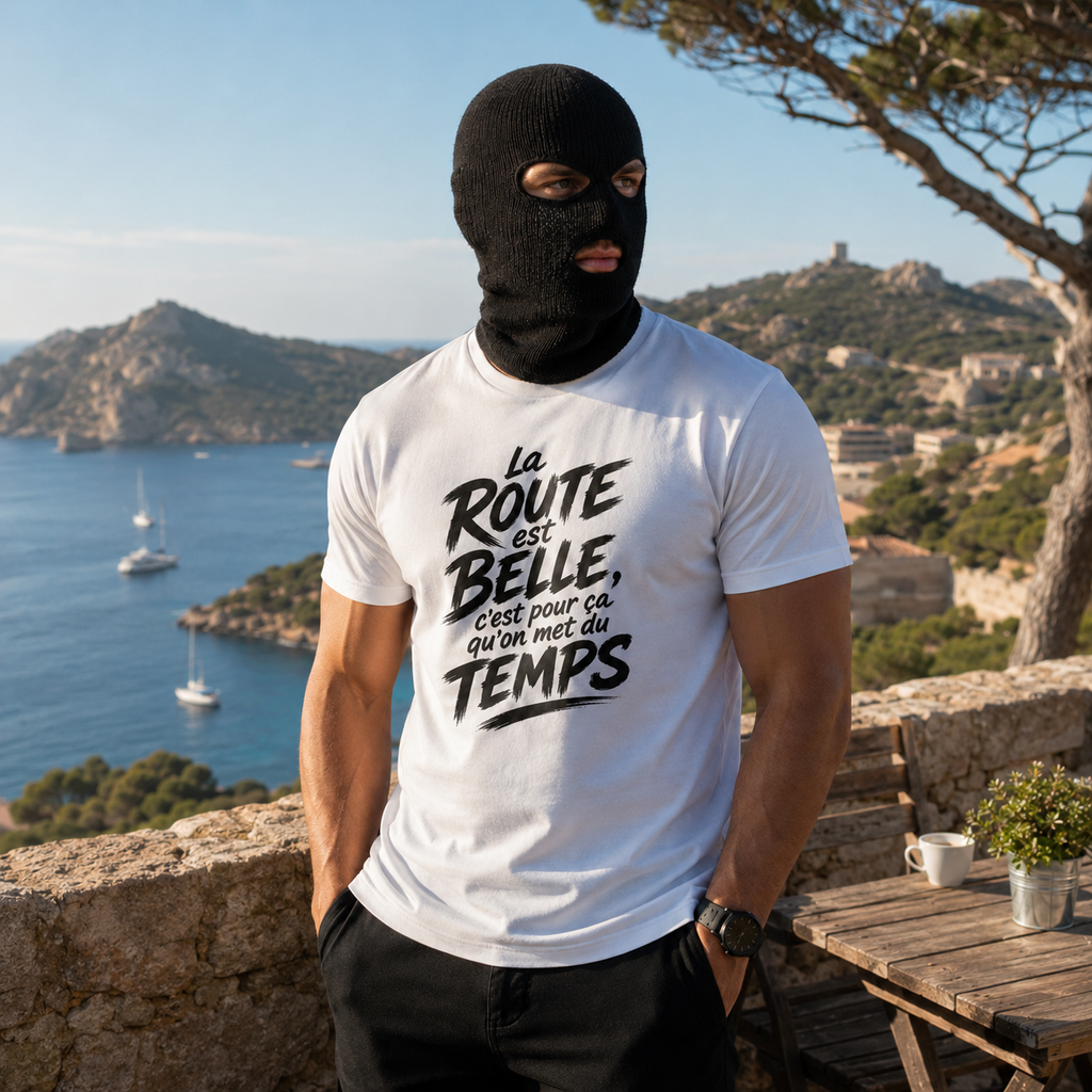 T-shirt Signature Blanc – La route est belle, c’est pour ça qu’on met du temps