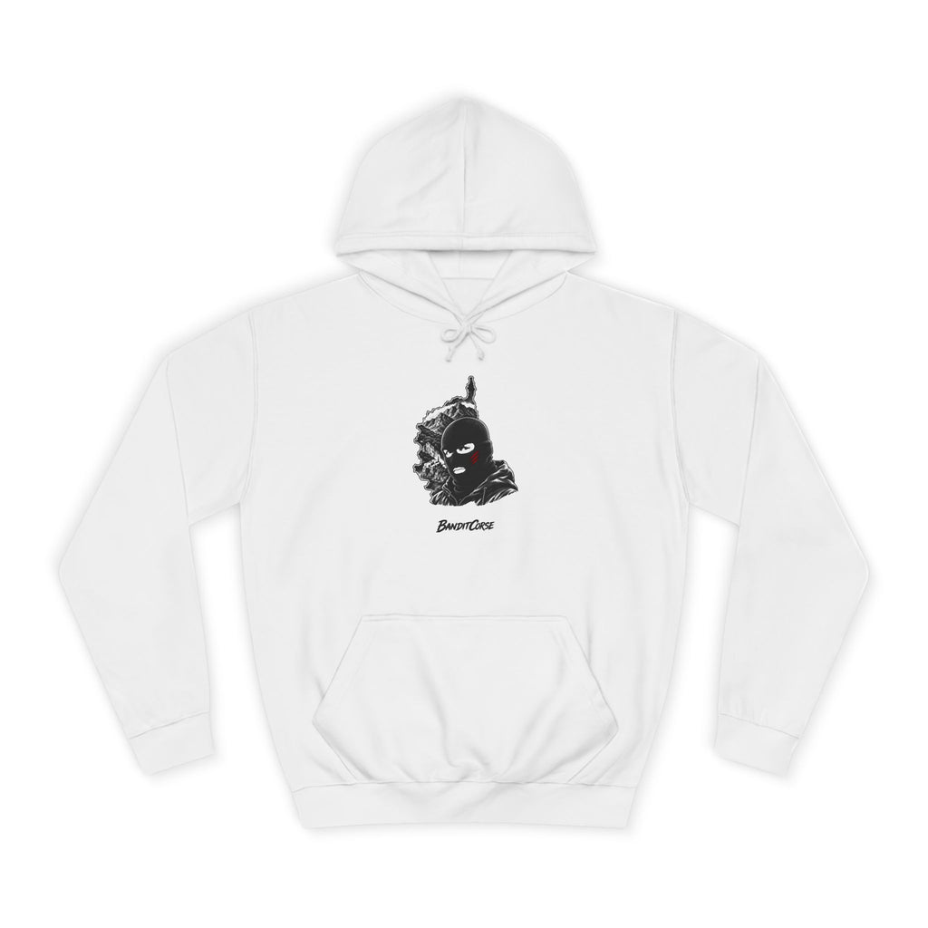 Sweat à capuche Bandit Insulaire blanc, vue de face et motif imprimé.
