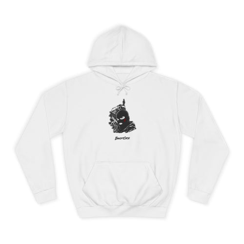 Sweat à capuche Bandit Insulaire blanc, vue de face et motif imprimé.