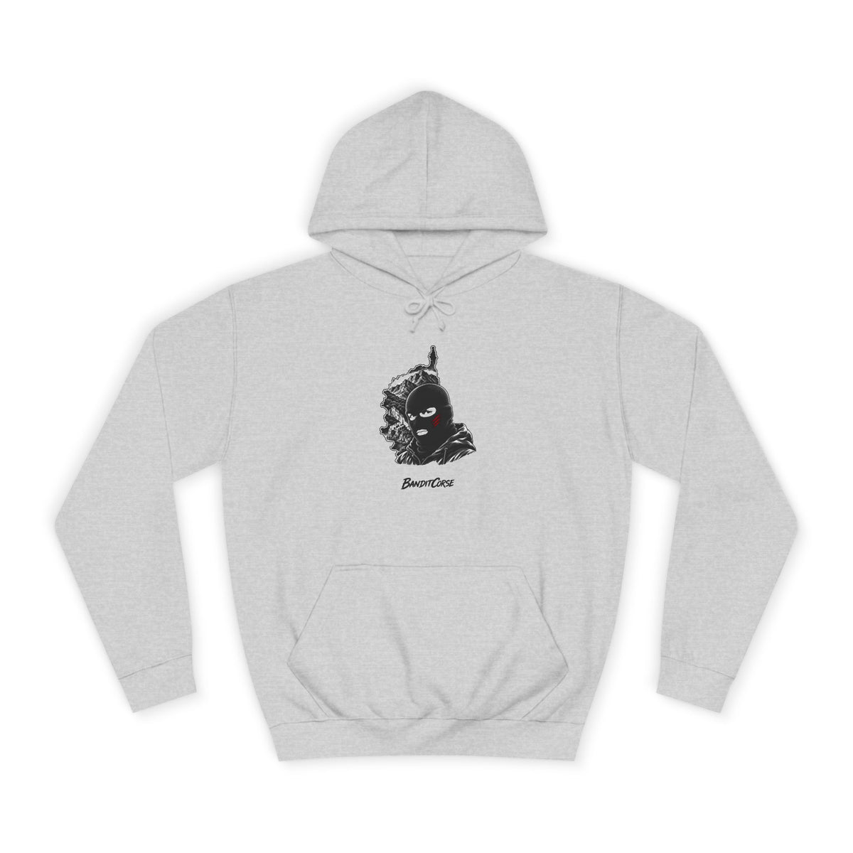 Sweat à capuche Bandit Insulaire gris chiné, vue de face et motif imprimé.