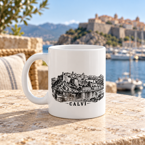 Mug blanc BanditCorse — Calvi ; mise en scène numérique