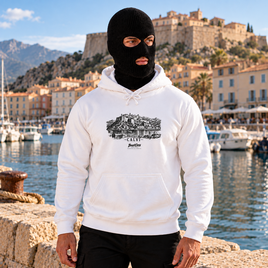 banditcorse-sweat-calvi--blanc--01-porte-face | Vue portée, visualisation numérique