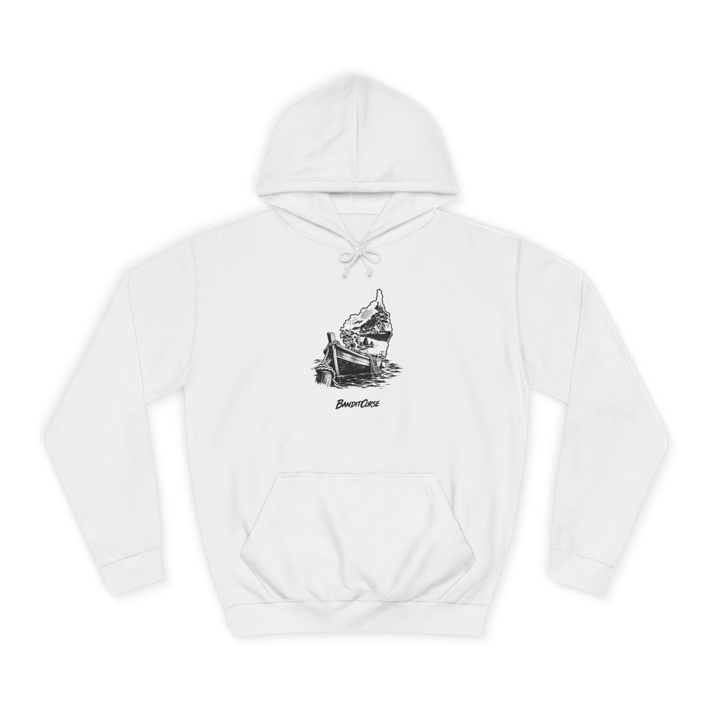 Sweat à capuche Barque du Cap blanc, vue de face et motif imprimé.