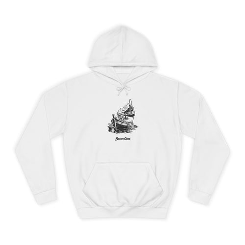 Sweat à capuche Barque du Cap blanc, vue de face et motif imprimé.