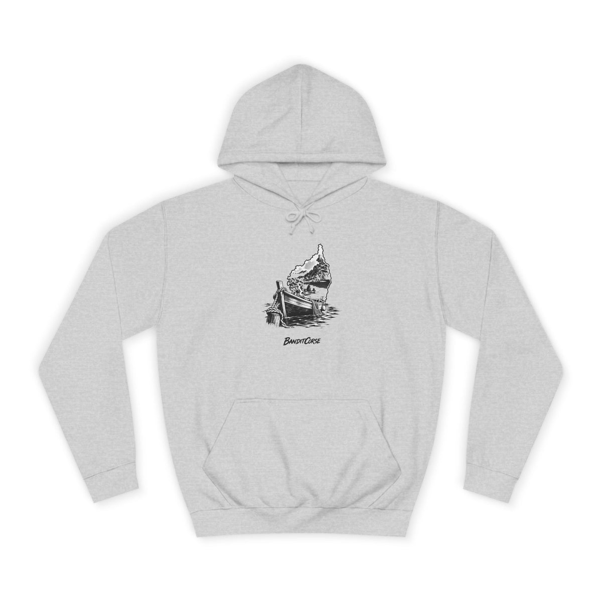 Sweat à capuche Barque du Cap gris chiné, vue de face et motif imprimé.