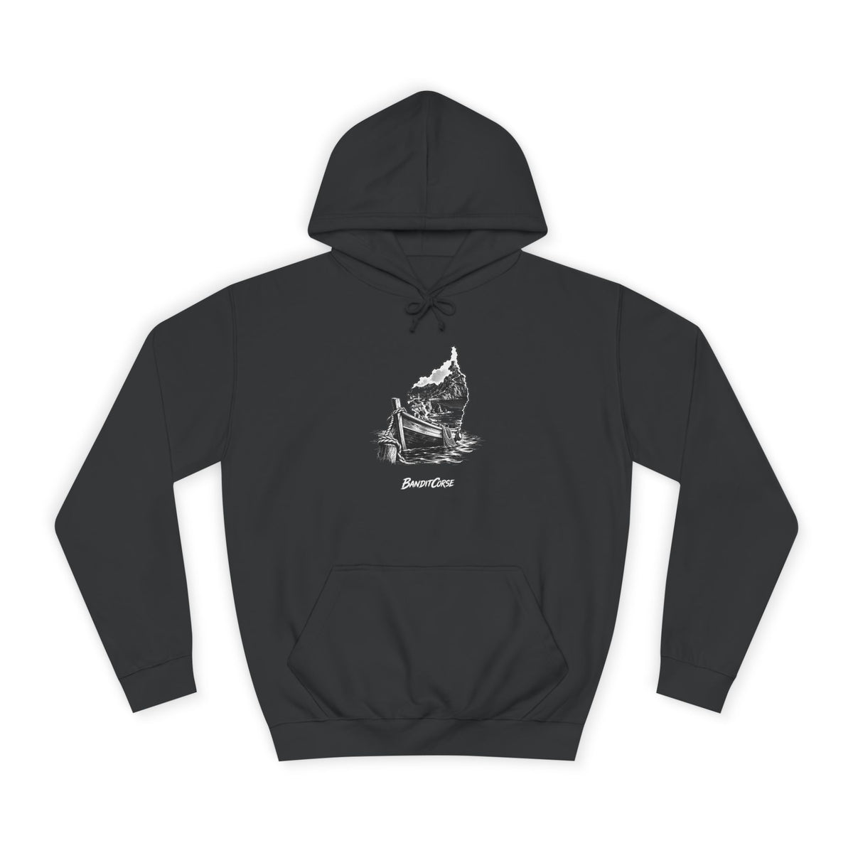 Sweat à capuche Barque du Cap noir, vue de face et motif imprimé.
