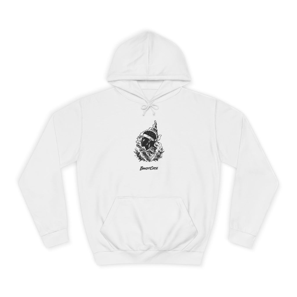 Sweat à capuche Emblème Corse blanc, vue de face et motif imprimé.