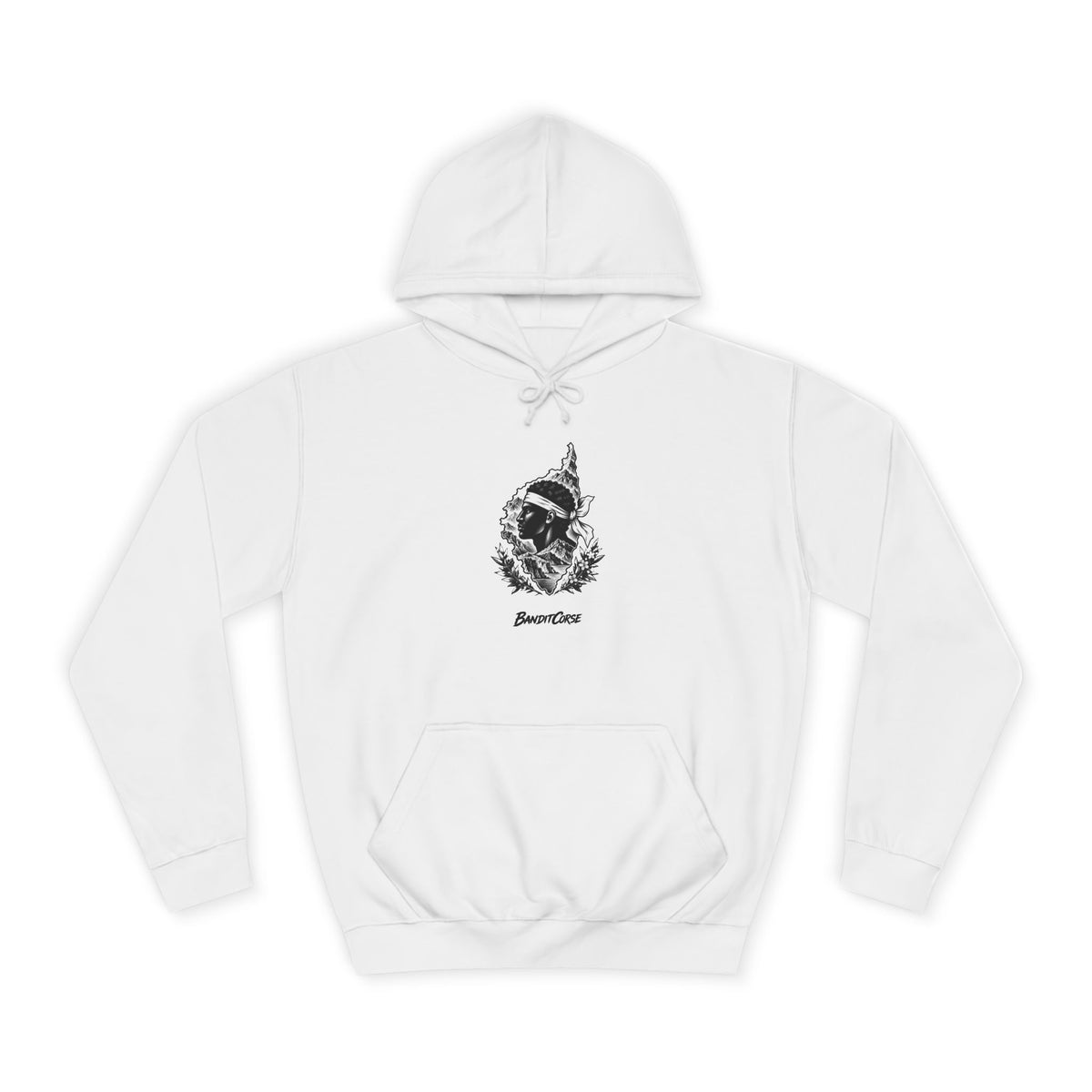 Sweat à capuche Emblème Corse blanc, vue de face et motif imprimé.
