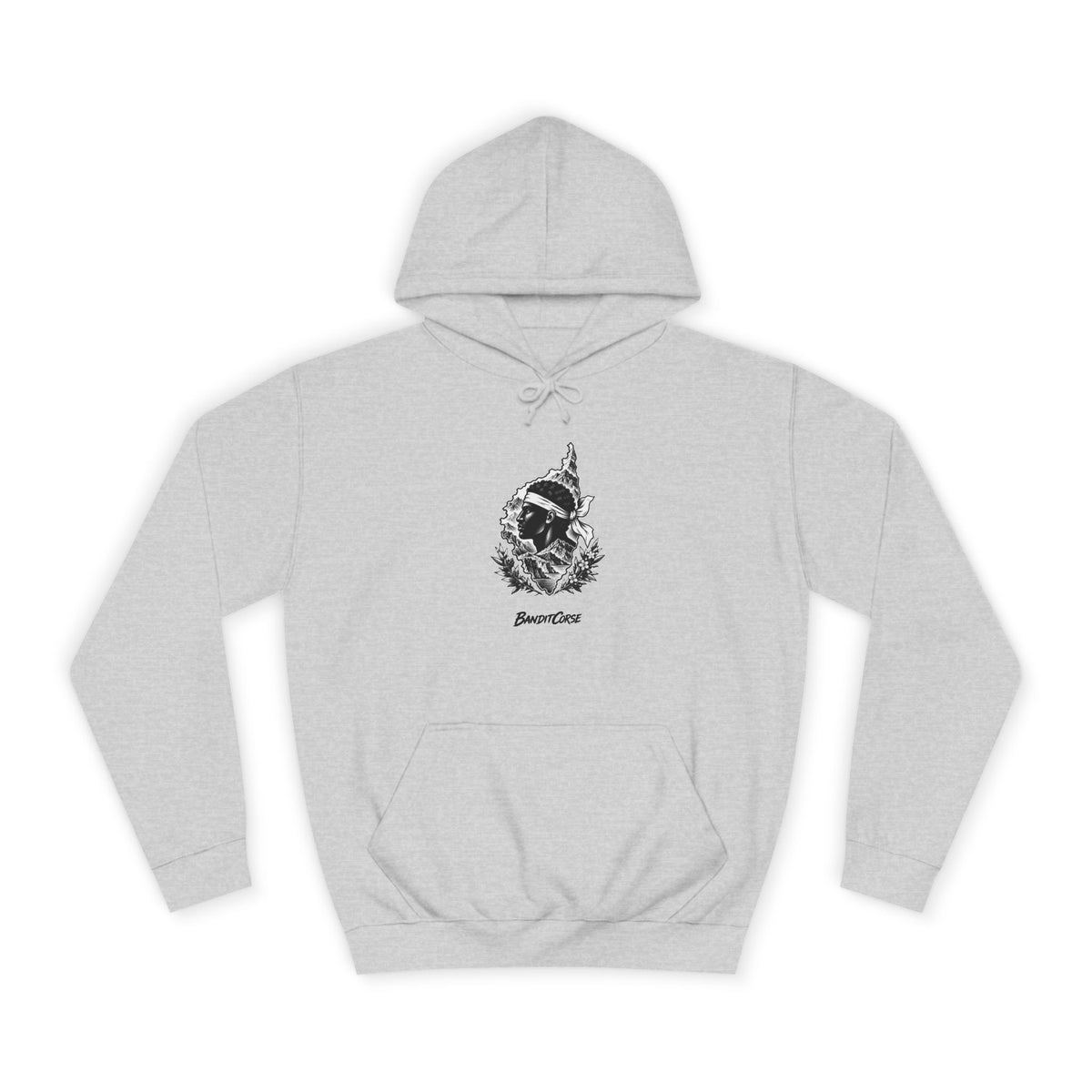 Sweat à capuche Emblème Corse gris chiné, vue de face et motif imprimé.