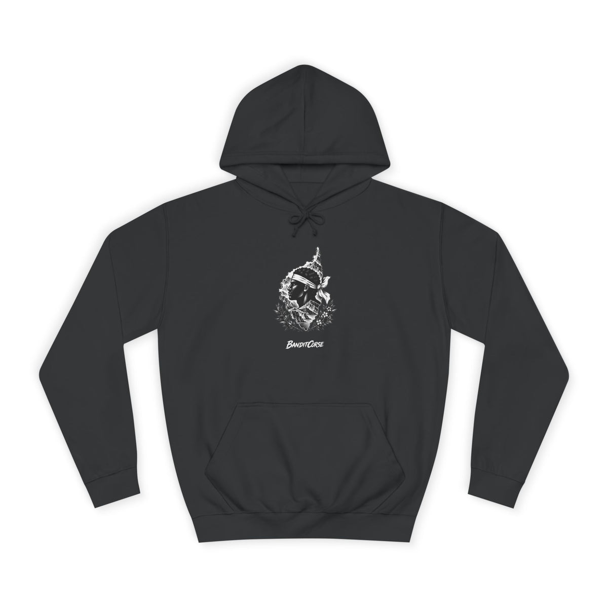 Sweat à capuche Emblème Corse noir, vue de face et motif imprimé.
