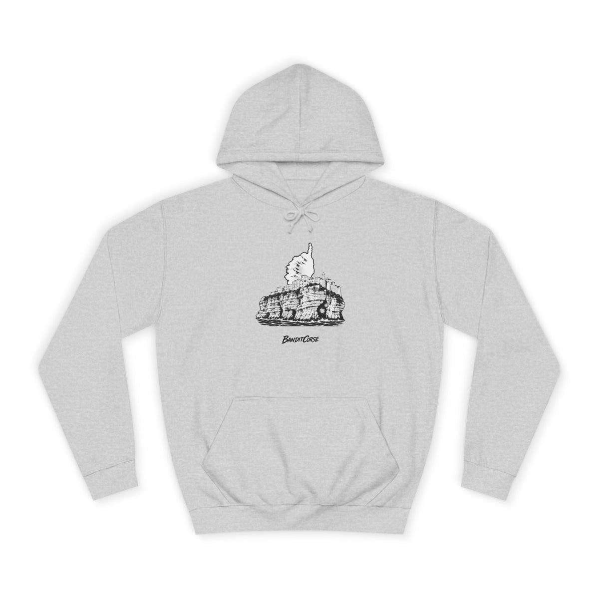 Sweat à capuche Falaises de Bonifacio gris chiné, vue de face et motif imprimé.