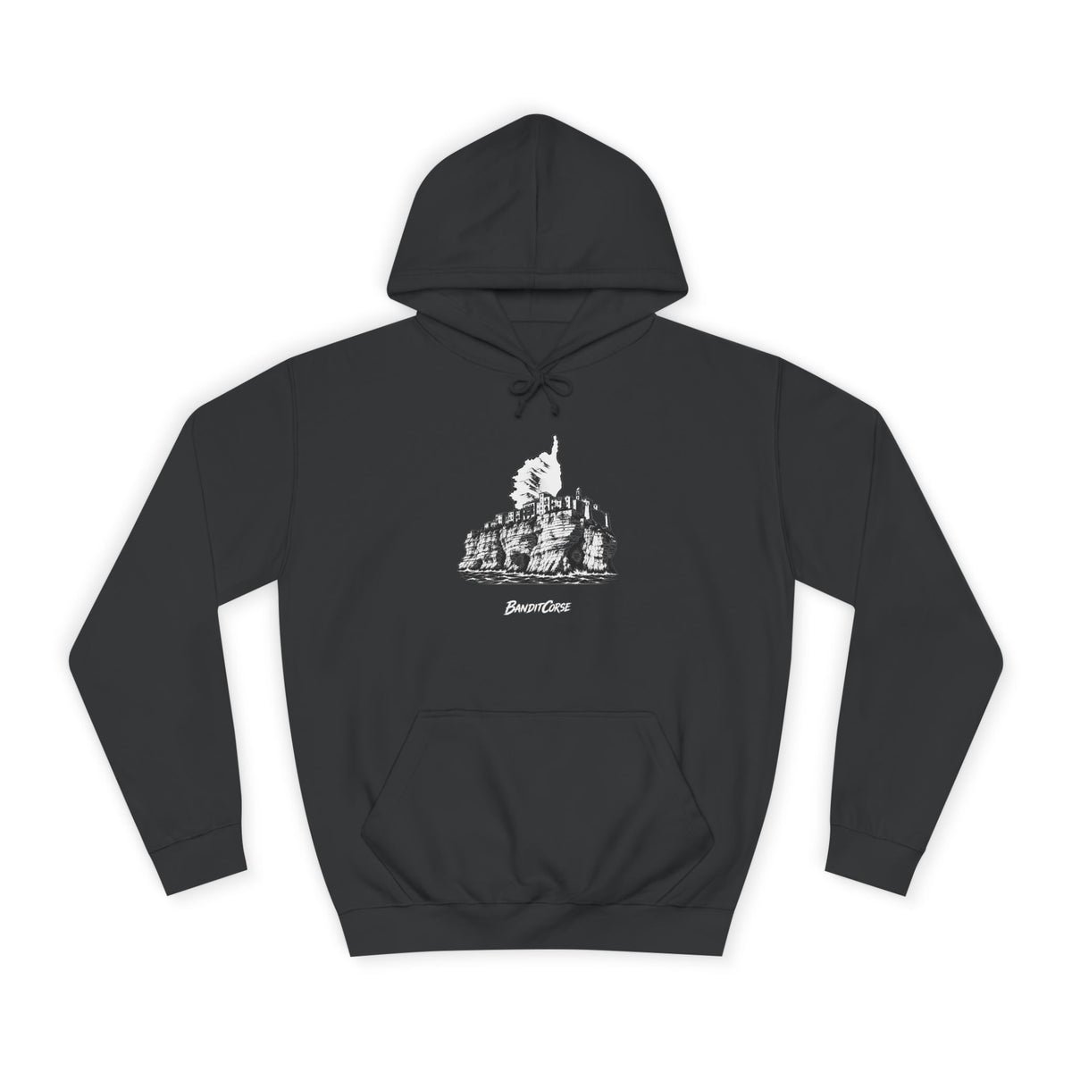 Sweat à capuche Falaises de Bonifacio noir, vue de face et motif imprimé.