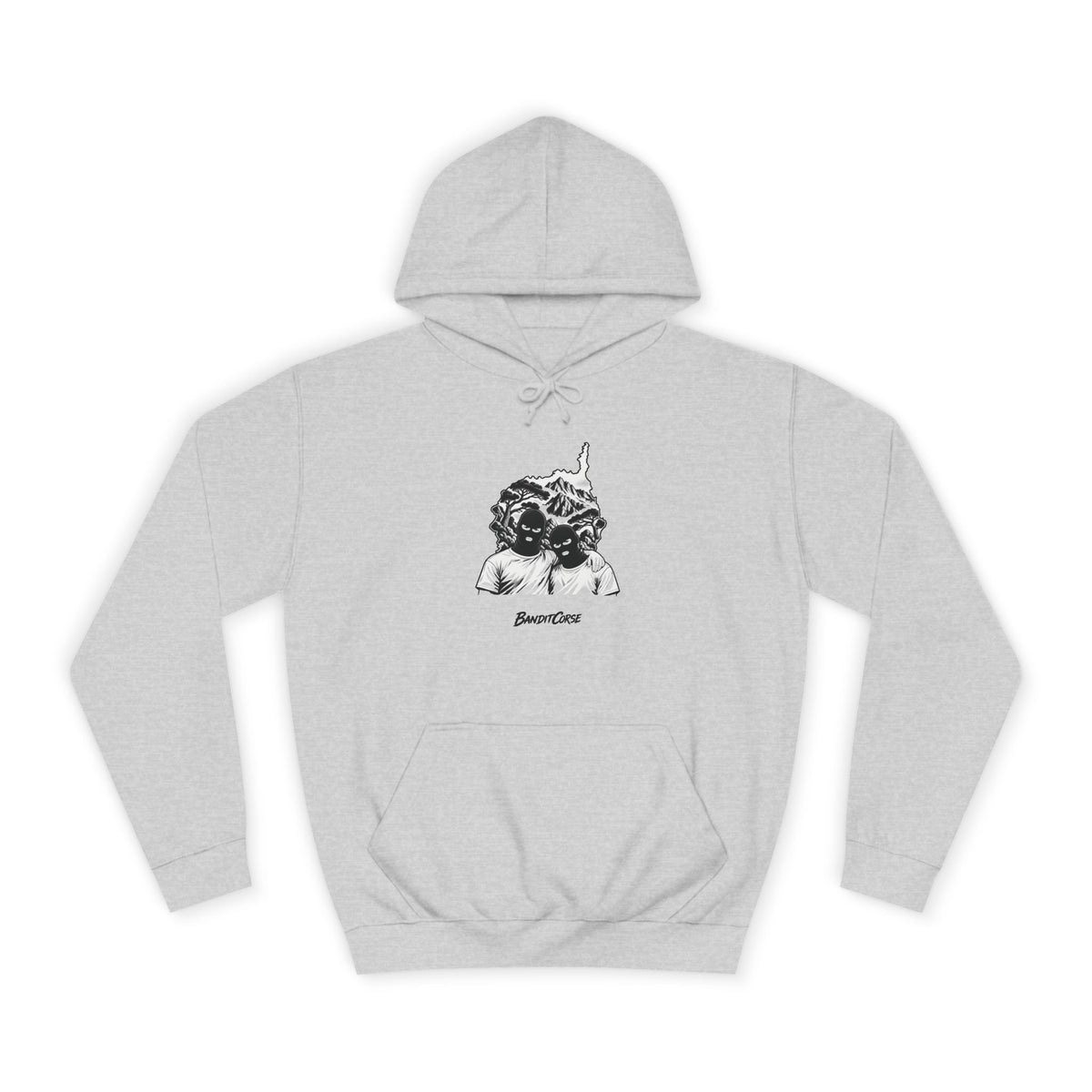 Sweat à capuche Fraternité du Maquis gris chiné, vue de face et motif imprimé.