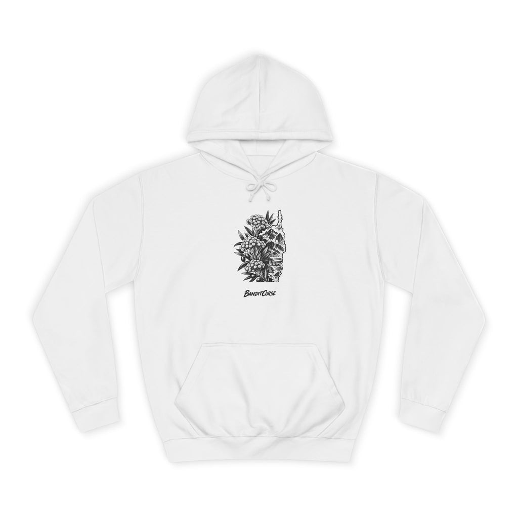 Sweat à capuche Immortelle Insulaire blanc, vue de face et motif imprimé.