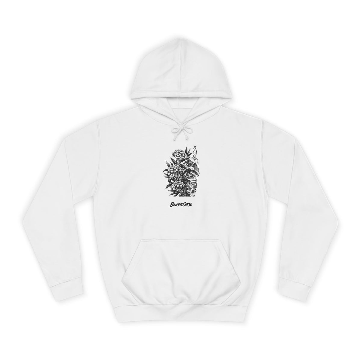 Sweat à capuche Immortelle Insulaire blanc, vue de face et motif imprimé.