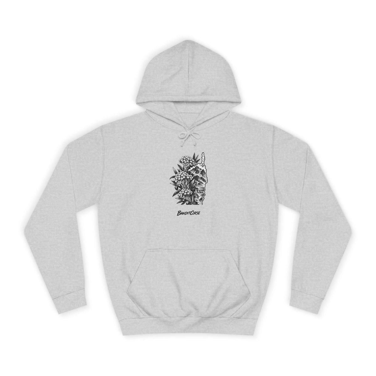Sweat à capuche Immortelle Insulaire gris chiné, vue de face et motif imprimé.