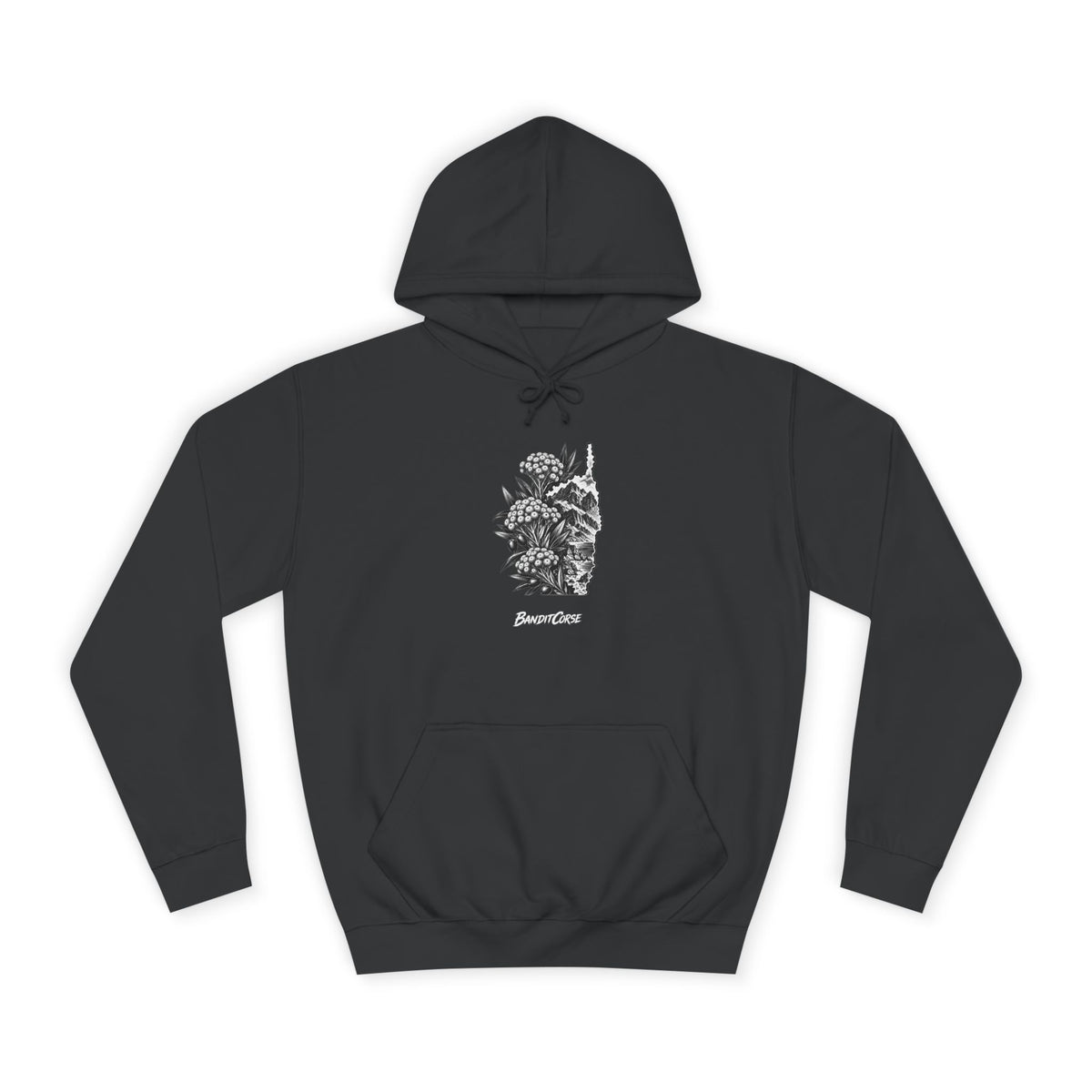 Sweat à capuche Immortelle Insulaire noir, vue de face et motif imprimé.