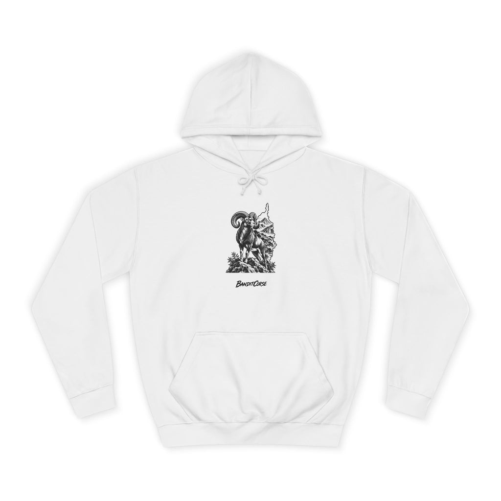 Sweat à capuche Mouflon de Corse blanc, vue de face et motif imprimé.