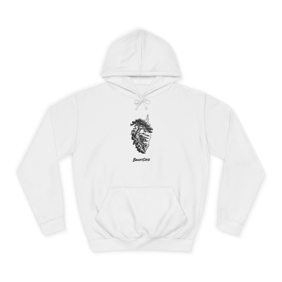 Sweat à capuche Pin Laricio blanc, vue de face et motif imprimé.