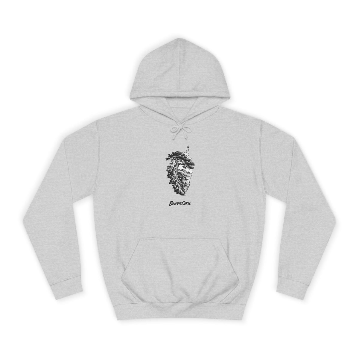 Sweat à capuche Pin Laricio gris chiné, vue de face et motif imprimé.