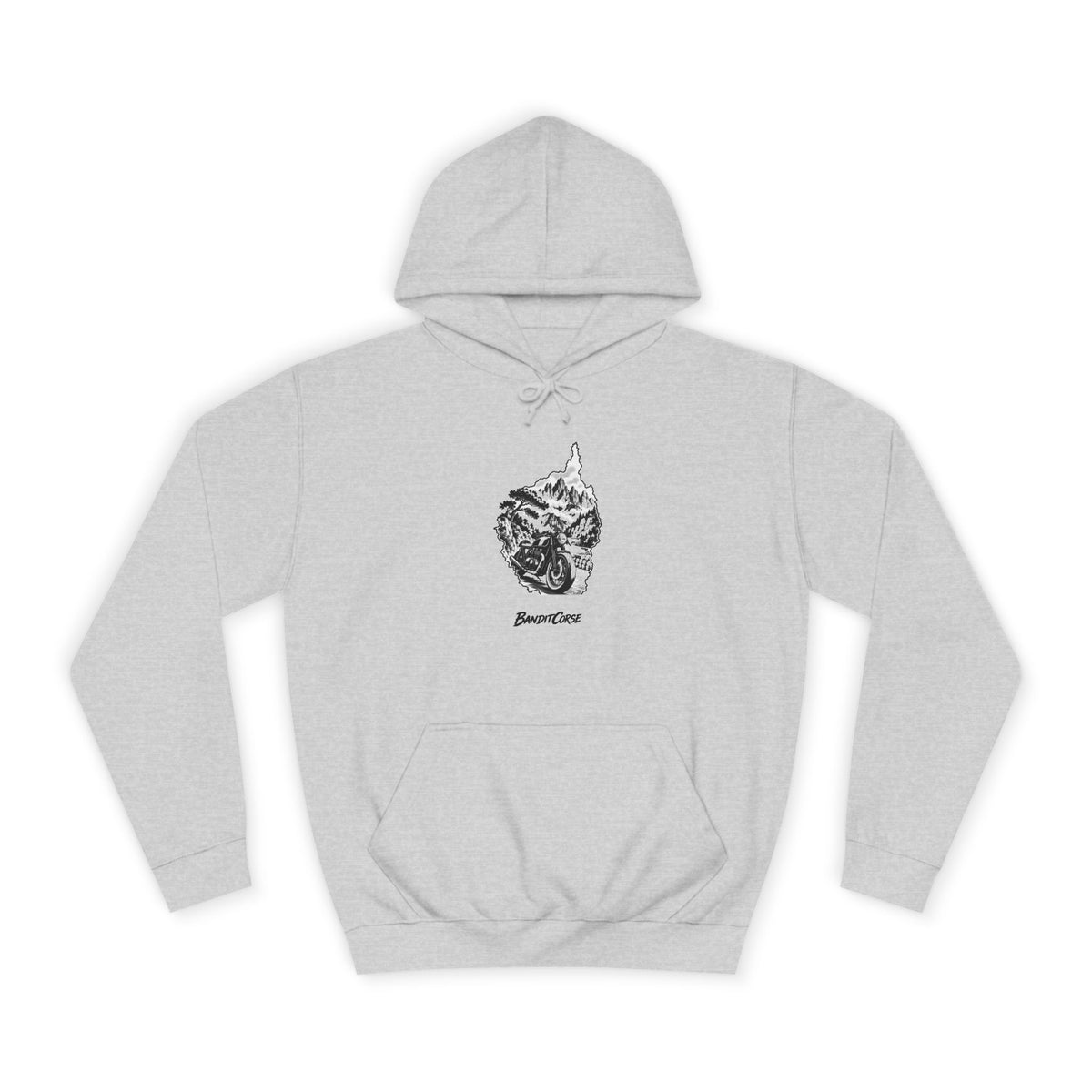 Sweat à capuche Route de Bavella gris chiné, vue de face et motif imprimé.